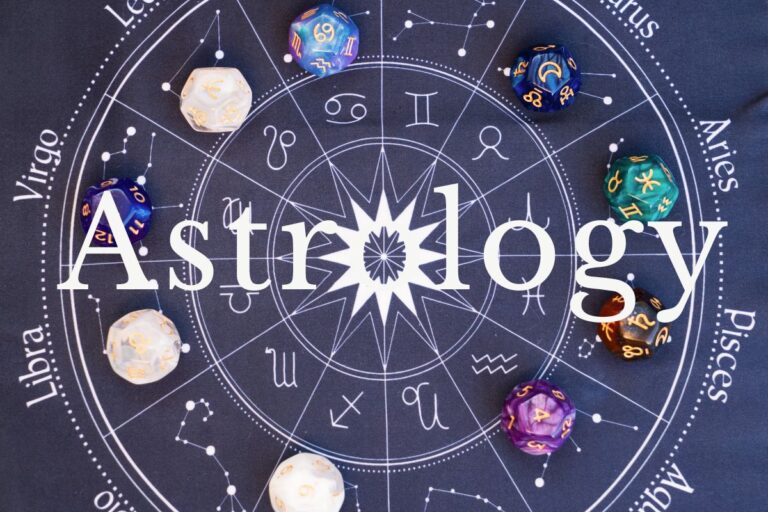 A large white word, "Astrology," sits on top of a birth chart, complete with planets and houses.