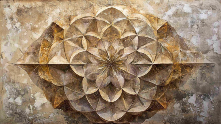 A brown and plaster photo of spinning shapes of sacred geometry.